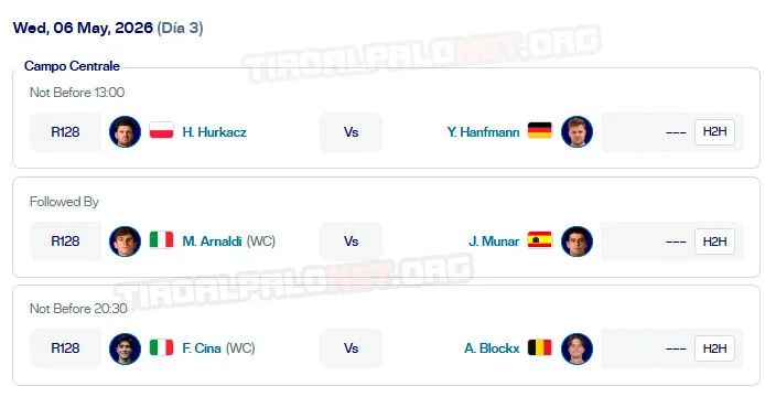 atp roma partidos campo centrale miercoles6 mayo 2026 tiroalpalo